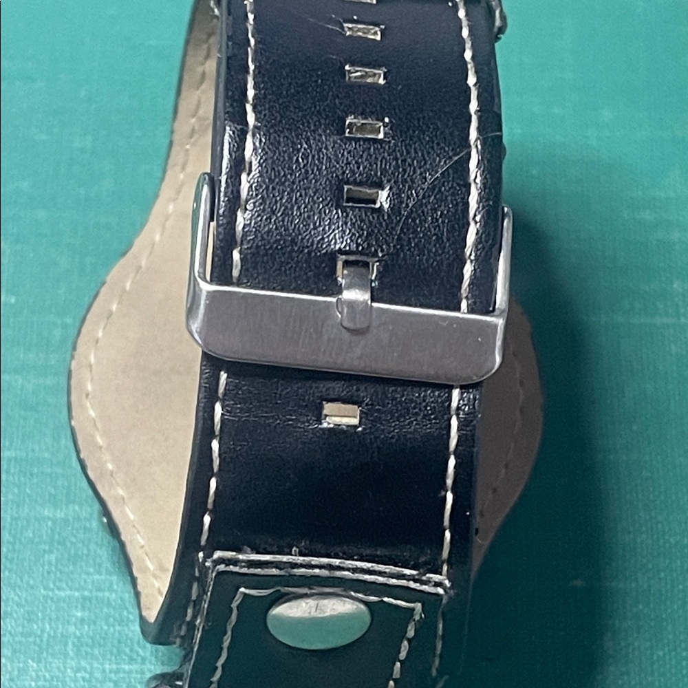 Black Leather Strap Watch with Green Accents - Picture 3 of 7